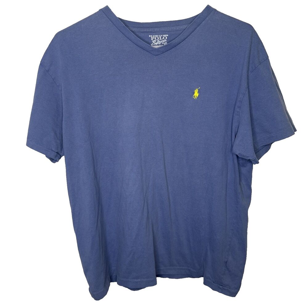 Polo Ralph Lauren Shirt Mens M Blue V Neck Yellow Pony Logo Classic Fit Tee